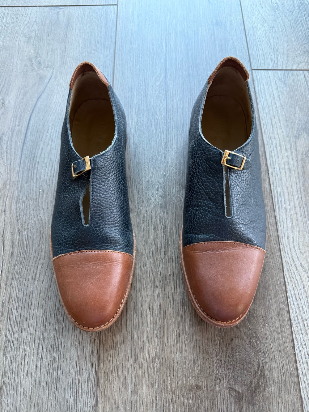 Miss Julia Leather T-Strap Flats | Navy & Brown | Size 38 | Made in Portugal